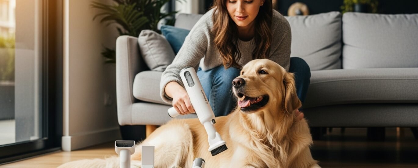 Young woman grooming her golden retriever with the AIRROBO PG100 vacuum in a clean home