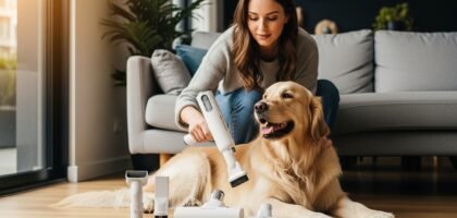 Young woman grooming her golden retriever with the AIRROBO PG100 vacuum in a clean home