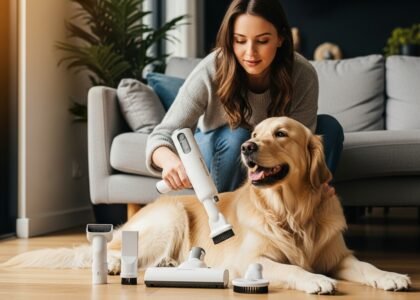 Young woman grooming her golden retriever with the AIRROBO PG100 vacuum in a clean home