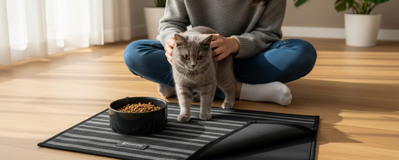 Young woman interacting with a dog near a dark gray striped absorbent pet feeding mat with waterproof rubber backing