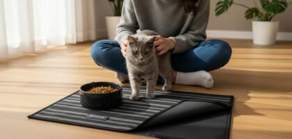 Young woman interacting with a dog near a dark gray striped absorbent pet feeding mat with waterproof rubber backing