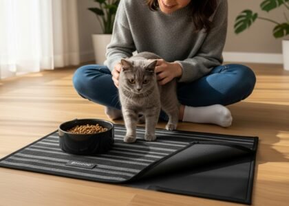 Young woman interacting with a dog near a dark gray striped absorbent pet feeding mat with waterproof rubber backing