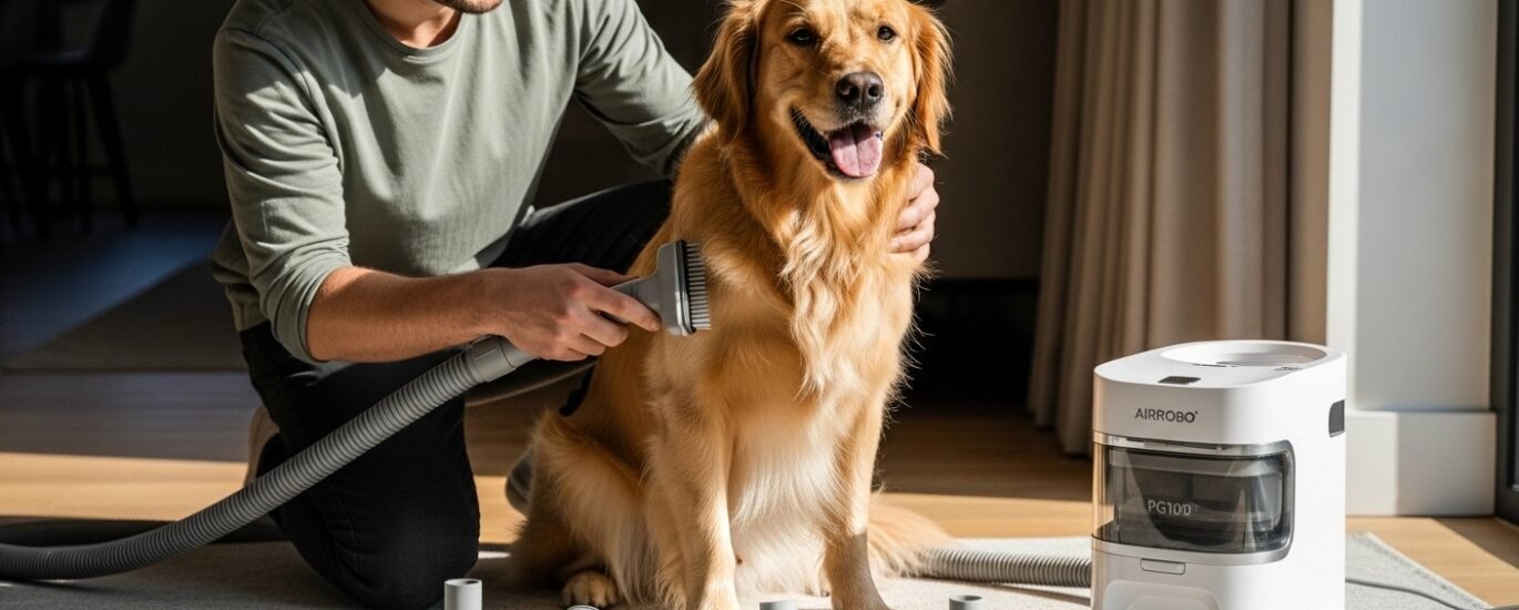 Young woman grooming a happy dog with the sleek white AIRROBO PG100 vacuum in a clean home