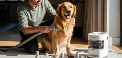 Young woman grooming a happy dog with the sleek white AIRROBO PG100 vacuum in a clean home