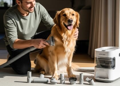 Young woman grooming a happy dog with the sleek white AIRROBO PG100 vacuum in a clean home