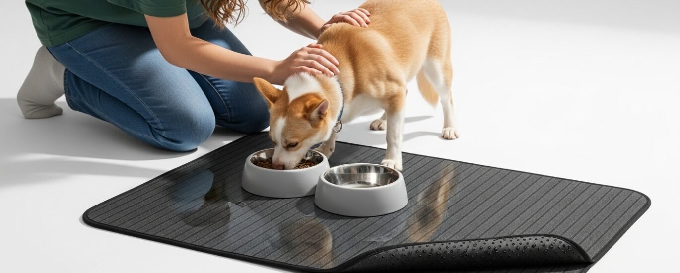 Young woman interacting with a dog near a striped dark gray absorbent pet feeding mat
