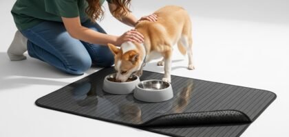 Young woman interacting with a dog near a striped dark gray absorbent pet feeding mat