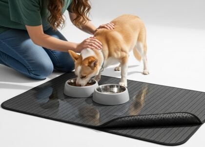 Young woman interacting with a dog near a striped dark gray absorbent pet feeding mat