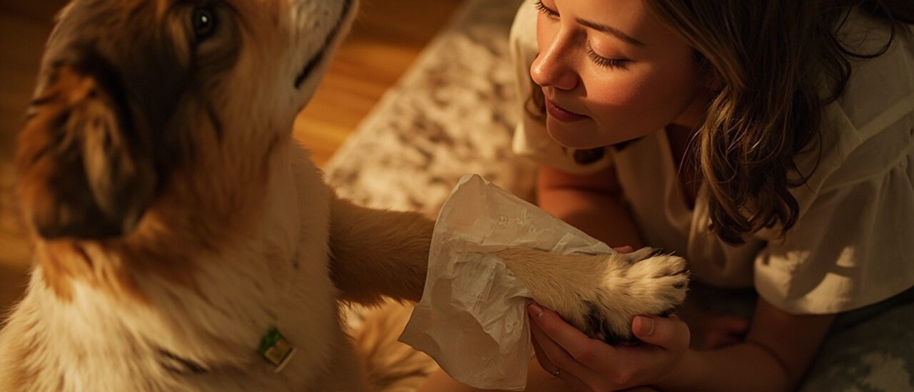 Young woman cleaning dog's paws with Earth Rated Pet Wipes