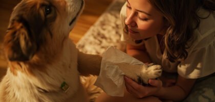 Young woman cleaning dog's paws with Earth Rated Pet Wipes