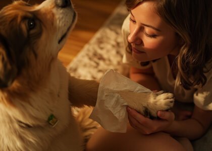 Young woman cleaning dog's paws with Earth Rated Pet Wipes
