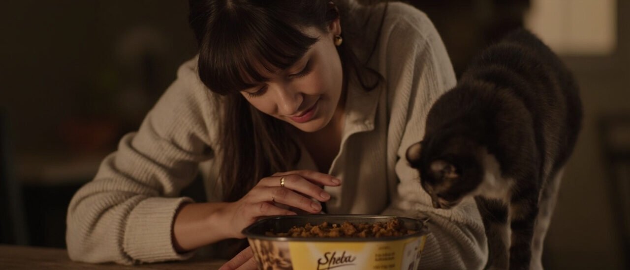 Young woman offering Sheba Perfect Portions Wet Cat Food to an elegant feline